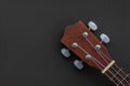 Closeup shot of a ukulele headstock on a black background