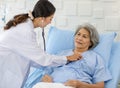 Closeup shot of unrecognizable unknown doctor in white lab coat with stethoscope hand holding comforting supporting old senior Royalty Free Stock Photo