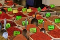 Closeup shot of various colorful spices colorful in the Carmel Market