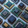 Closeup shot of various microchips and circuit boards, showcasing intricate electronic components. A hightech, abstract image Royalty Free Stock Photo