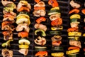 Closeup shot of vegetable and chicken kabobs on a grill Royalty Free Stock Photo