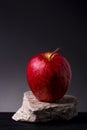 Closeup shot of a vibrant bright red apple on a small piece of rock against a black background