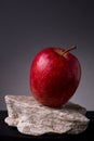 Closeup shot of a vibrant bright red apple on a small piece of rock against a black background