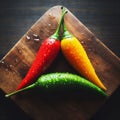 Closeup shot of vibrant, fresh chili peppers in a variety of colors, AI-generated.
