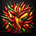 Closeup shot of vibrant, fresh chili peppers in a variety of colors, AI-generated.