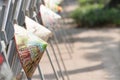 Closeup shot of Vietnamese weaved straw coolies on a blurred background