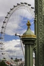 Closeup shot of a vintage metal element on the London Eye background in UK