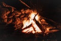 Closeup shot of a warm campfire burns hot with wood on a cold winter night