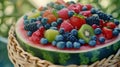 A closeup shot of a watermelon in the shape of a basket filled with a variety of fruits and berries Royalty Free Stock Photo