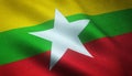 Closeup shot of the waving flag of Myanmar with interesting textures