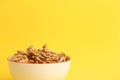 Closeup shot of a white bowl of nuts on a yellow background Royalty Free Stock Photo