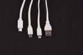 Closeup shot of white phone and tablet cables on a black background Royalty Free Stock Photo