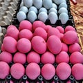 Closeup shot of white and pink eggs in a black tray Royalty Free Stock Photo