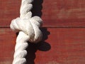 Closeup shot of white rope tied in a knot on wooden background Royalty Free Stock Photo