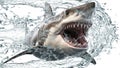 Closeup shot of a shark in splashing water on white background