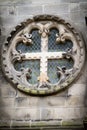 Closeup shot of the window above the entrance of the Rosslyn Chapel in Roslin Scotland Royalty Free Stock Photo