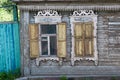 Closeup shot of windows of a traditional wooden house in Tomsk, Russia