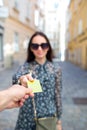 Closeup shot of a woman passing a payment credit card. Royalty Free Stock Photo