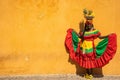 Closeup shot of a woman wearing traditional dress in Cartagena, Colombia