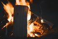 Closeup shot of wood burning in a beach campfire with a person roasting a marshmallow on a stick Royalty Free Stock Photo