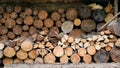 A closeup shot of wood logs stacked in a pile, pine logs of various sizes, background texture