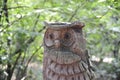 Closeup shot of a wooden carved owl figurine in a forest