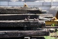 Closeup shot of wooden railway sleepers Royalty Free Stock Photo