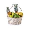 Closeup shot of a wooden tropical fruits basket on a white background Royalty Free Stock Photo