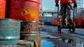 A closeup shot of a worker using a dolly to move a stack of smaller oil barrels from a warehouse to the storage yard Royalty Free Stock Photo
