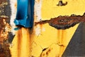 Closeup shot of a worn-out rusted yellow wall with a blue dented metal beam