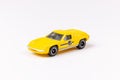 Closeup shot of a yellow Matchbox 1972 Lotus Europa Special LOTUS isolated on a white background