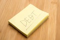 Closeup shot of yellow notes with debt written on it on a wooden surface