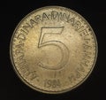 Closeup shot of a Yugoslavian dinar coin on a black background. Royalty Free Stock Photo