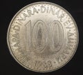 Closeup shot of a Yugoslavian dinar coin on a black background. Royalty Free Stock Photo