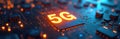 Closeup shows glowing 5G on circuit board. Orange light highlights complex system, modern tech. Concept includes fast network, Royalty Free Stock Photo