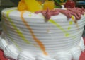 Closeup of side view of cake, cream filling vegetarian desserts background