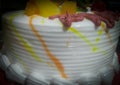 Closeup of side view of cake, cream filling vegetarian desserts background