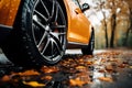 closeup side view of orange car tires on asphalt road on rainy autumn day