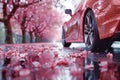 closeup side view of pink car tire on spring street with sakura cherry blossoms in the background