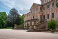 Closeup side view on Schloss Favorite Rastatt castle and garden in Rastatt, Germany on a rainy day Royalty Free Stock Photo