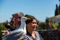 Closeup side view of a Seagull bird next to a woman.