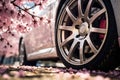 closeup side view of white car tire on spring street with pink sakura cherry blossoms in the background Royalty Free Stock Photo