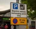 Closeup of a sign for electric vehicle recharging in Corley, United Kingdom