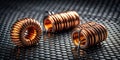 CloseUp Silhouette of Toroidal and Solenoid Inductors on a Hexagonal Mesh Background A Study in Electrical Engineering Royalty Free Stock Photo