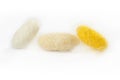 Closeup silkworm three yellow cocoon isolated