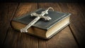 Silver Crucifix and a Holy Bible on a Wooden Background - Generative Ai Royalty Free Stock Photo