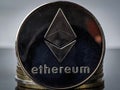 Closeup silver ethereum coin on white background