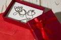 Closeup of silver heart pendants in a red gift box and a red envelope Royalty Free Stock Photo