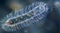 A closeup of a single ciliate revealing intricate patterns on its translucent body and rows of cilia propelling it