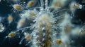 A closeup of a single copepod its segmented body covered in delicate bristles surrounded by smaller planktonic organisms